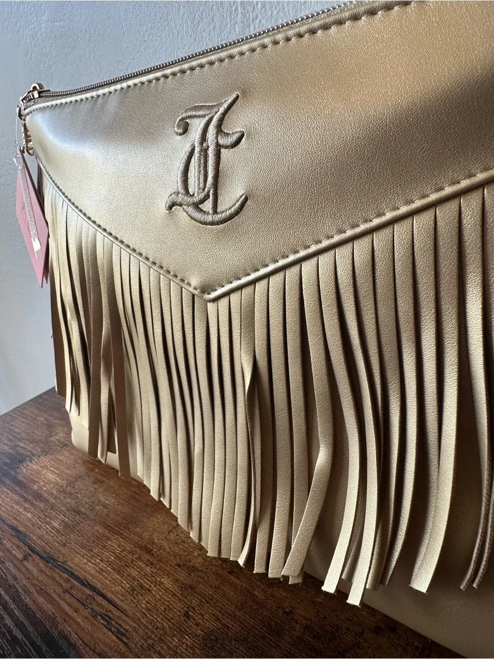 Juicy Couture Metallic Gold Fringe Cosmetic Bag with Embroidered Logo NWT